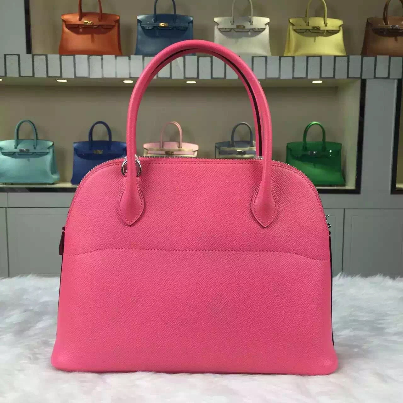 Hand Stitching Hermes 8W Rose Azalee Epsom Leather Bolide Bag27cm