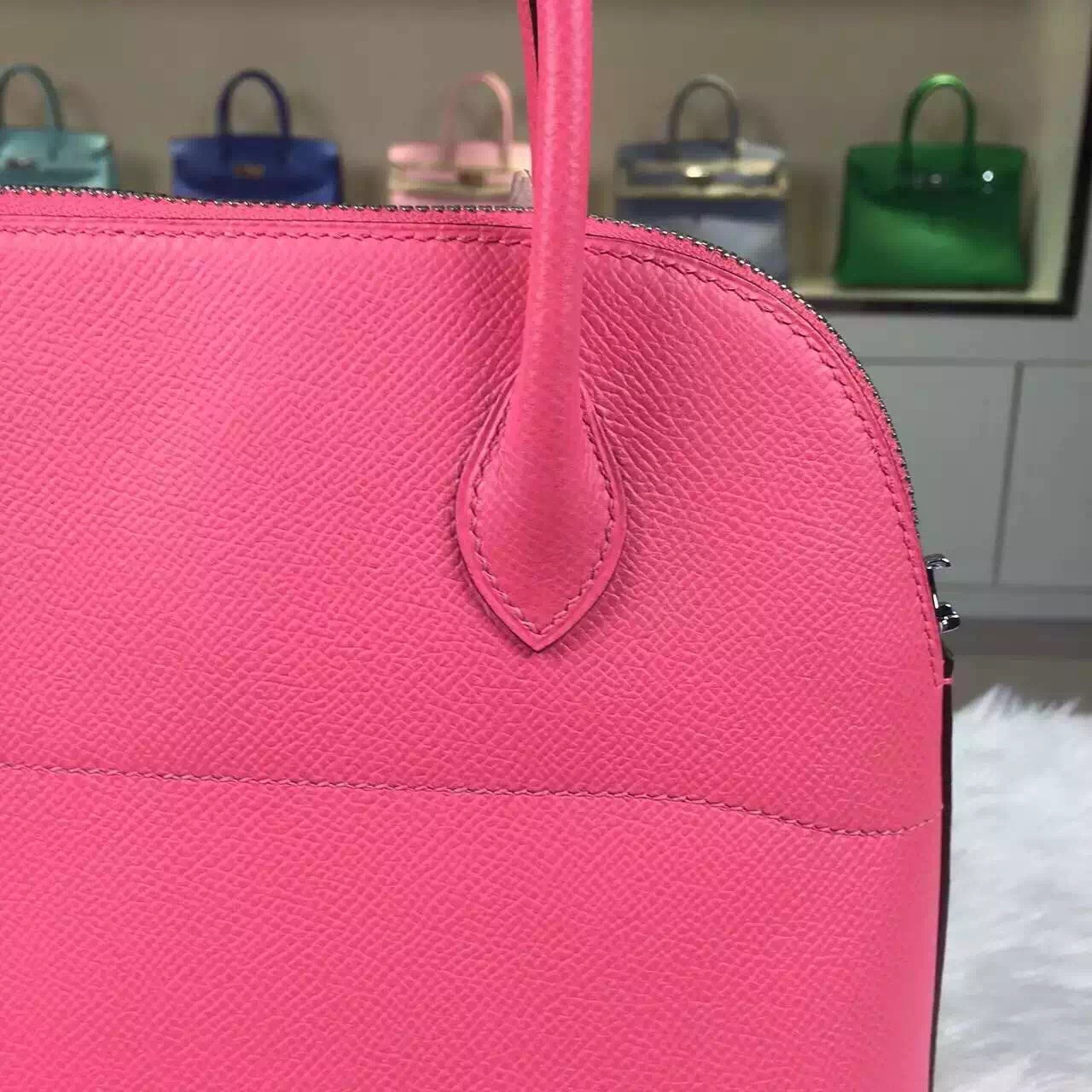 Hand Stitching Hermes 8W Rose Azalee Epsom Leather Bolide Bag27cm