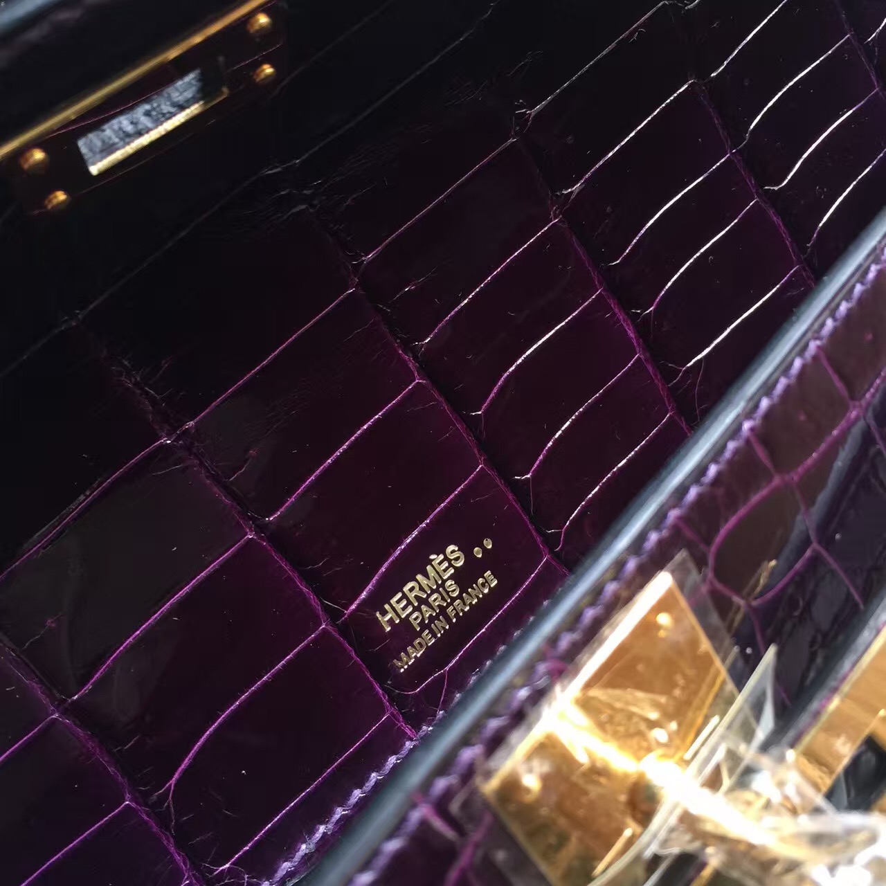 Hermes 9G Violet Crocodile Shiny Leather Kelly Cut Clutch Bag31cm