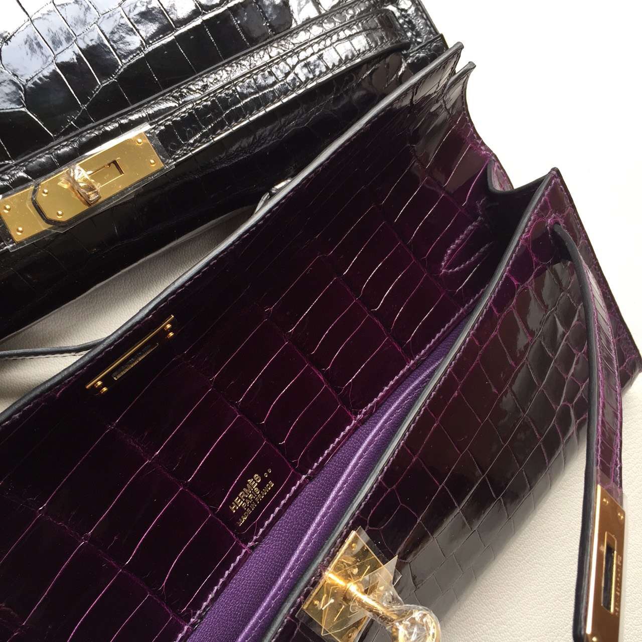 Hermes 9G Violet Crocodile Shiny Leather Kelly Cut Clutch Bag31cm
