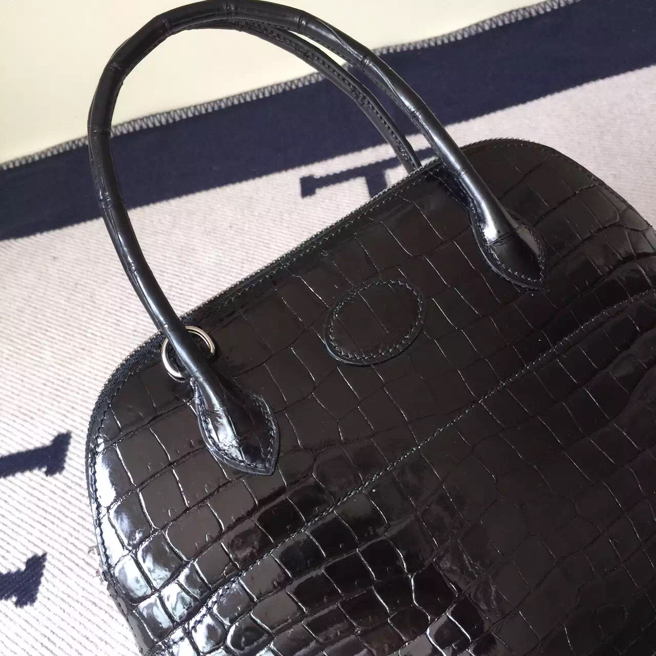 New Fashion Hermes Bolide Bag27cm Black Crocodile Shiny leather