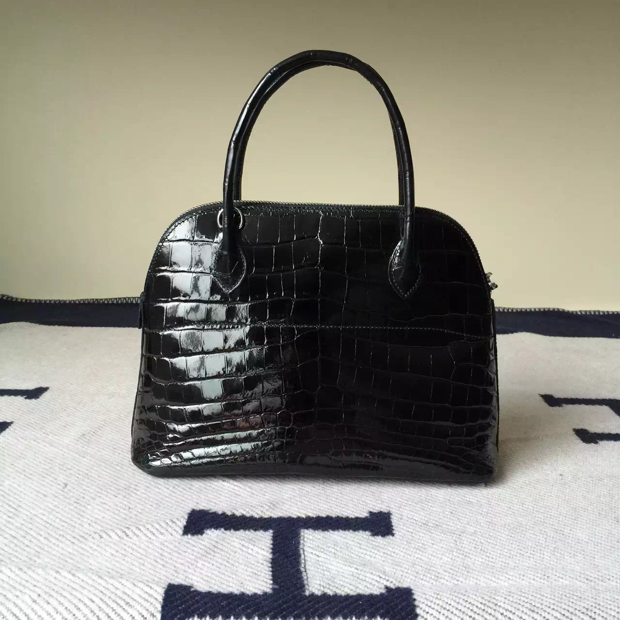 New Fashion Hermes Bolide Bag27cm Black Crocodile Shiny leather