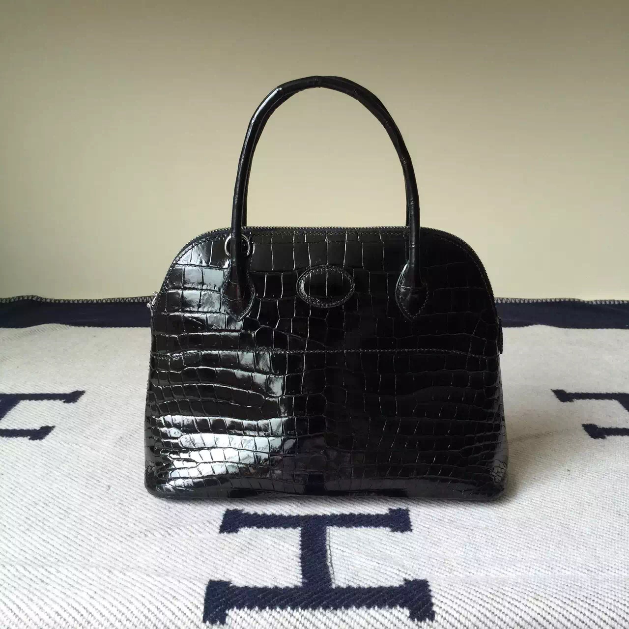 New Fashion Hermes Bolide Bag27cm Black Crocodile Shiny leather