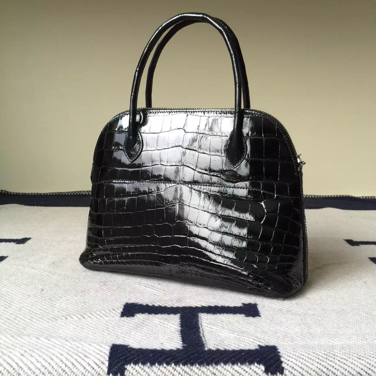 New Fashion Hermes Bolide Bag27cm Black Crocodile Shiny leather