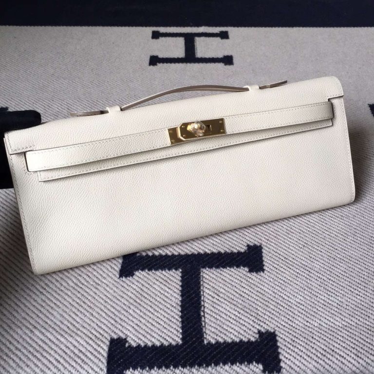 Hermes Kelly Cut Clutch Bag in CK10 Carie White Epsom Leather