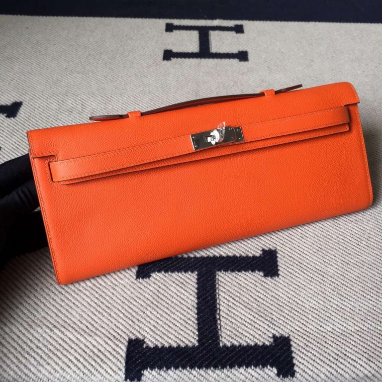On Hermes Orange Epsom Calfskin Leather Kelly Cut Clutch Bag 31cm