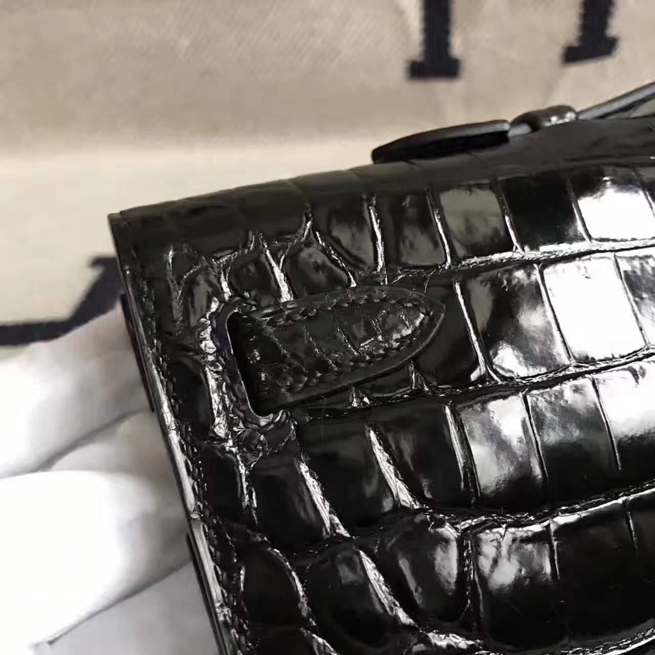 On Sale Hermes CK89 Black Shiny Crocodile Leather Kelly Cut 31cm