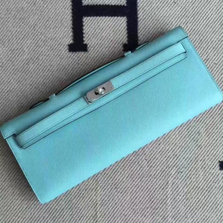 Hermes 3P Blue Attol Epsom Leather Kelly Cut Evening Bag  31cm
