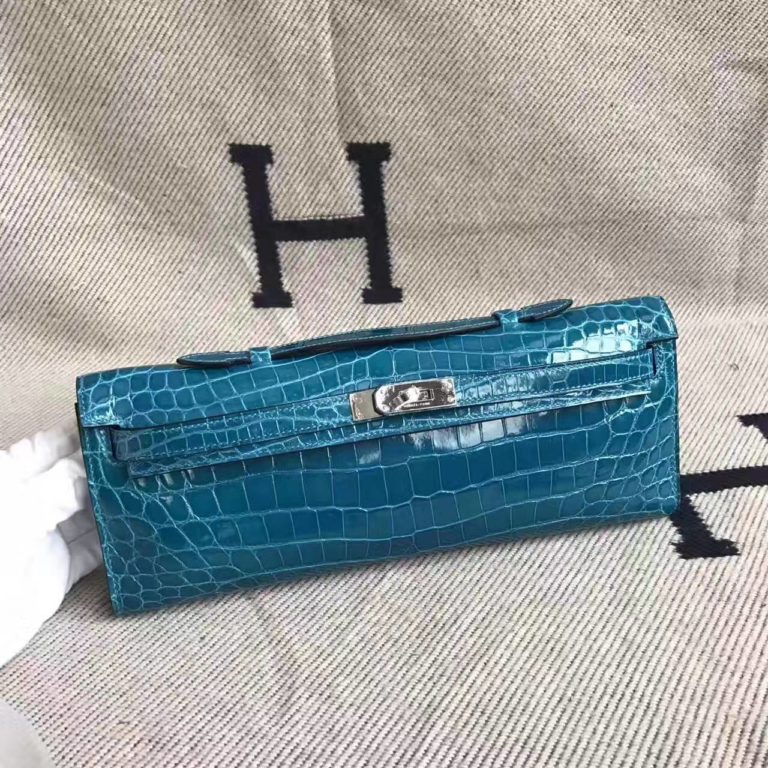 Hermes 7W Blue Izmir Shiny Crocodile Leather Kelly Cut Clutch Bag