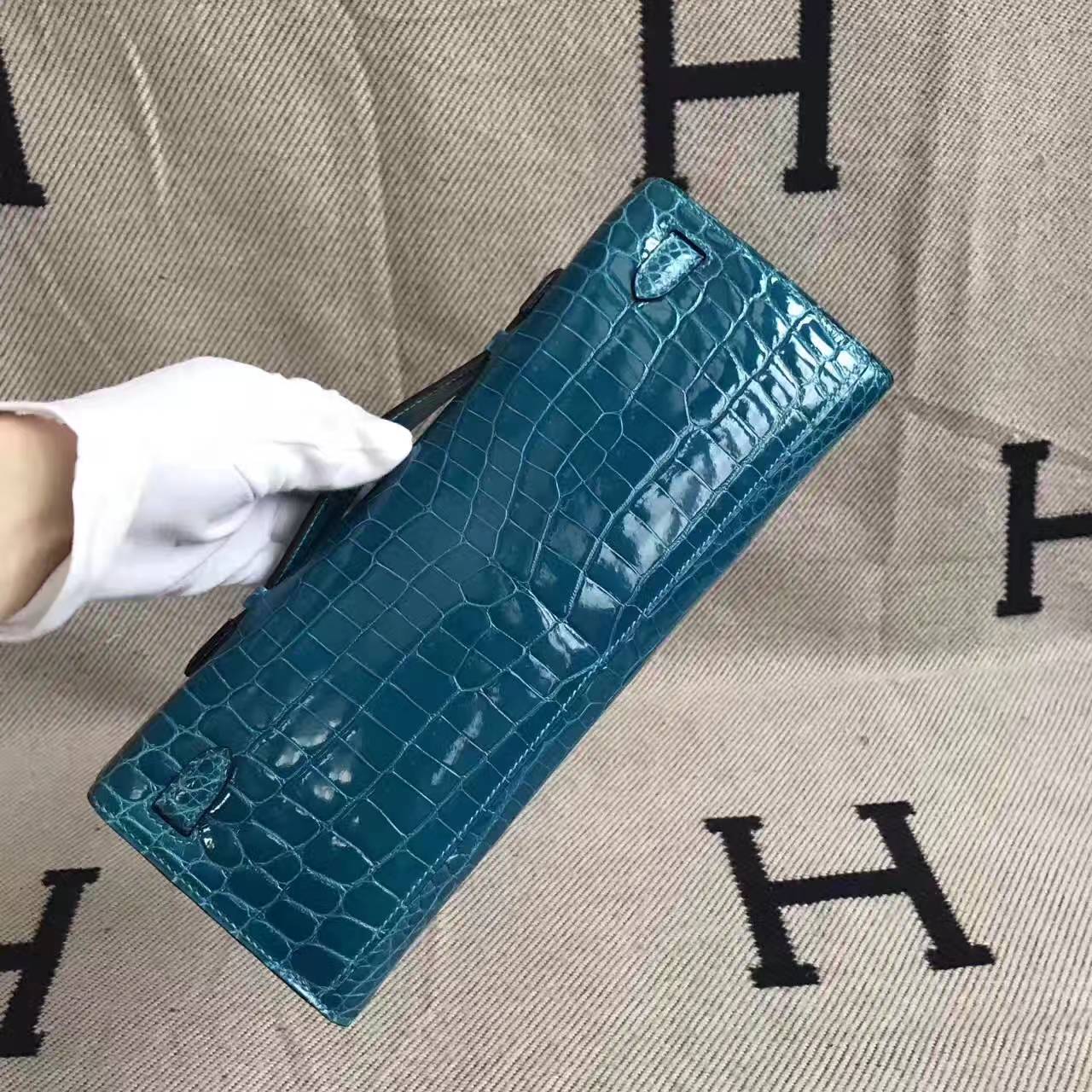 Hermes 7W Blue Izmir Shiny Crocodile Leather Kelly Cut Clutch Bag