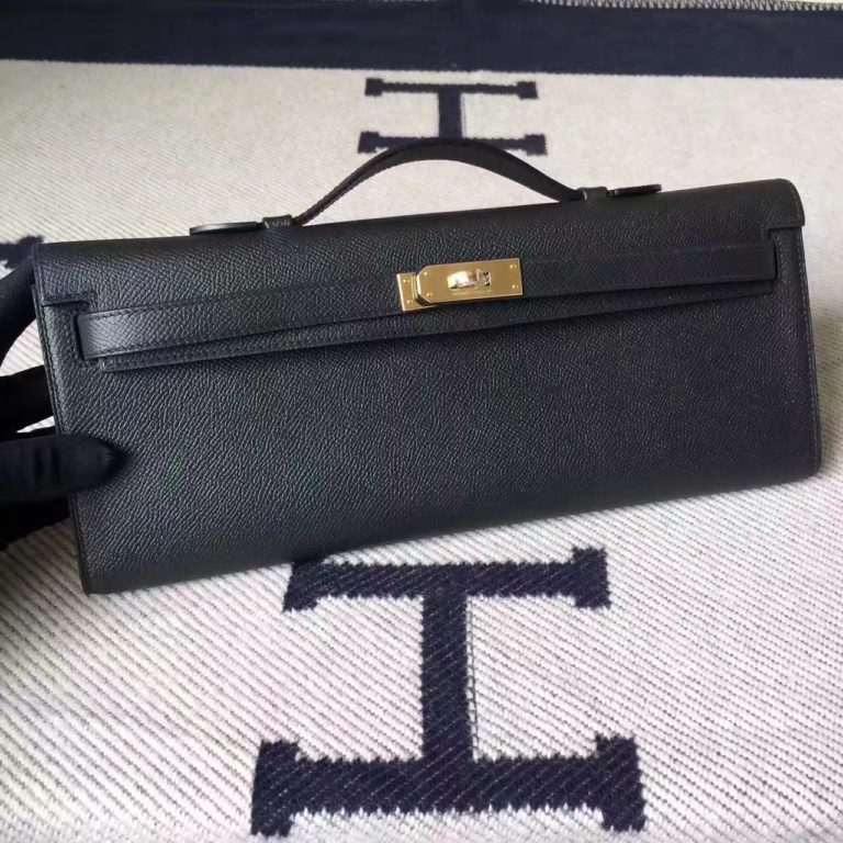 Hermes CK89 Black Epsom Calfskin Kelly Cut Clutch Bag 31cm Gold Hardware