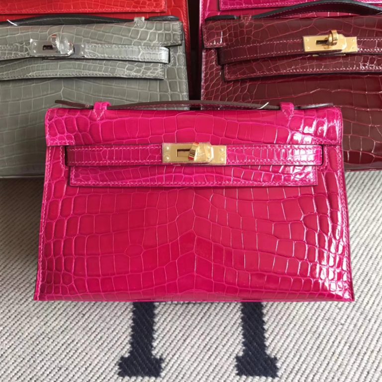 Hermes Pink Shiny Crocodile Leather Minikelly Pochette Bag 22CM