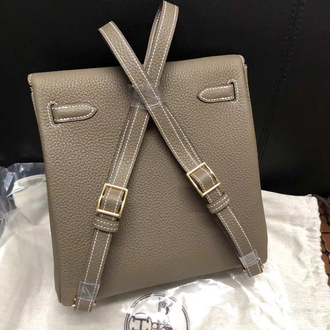 Fashion Hermes CK18 Etoupe Grey TC Calf Leather Kelly Backpack Shoulder Bag22CM