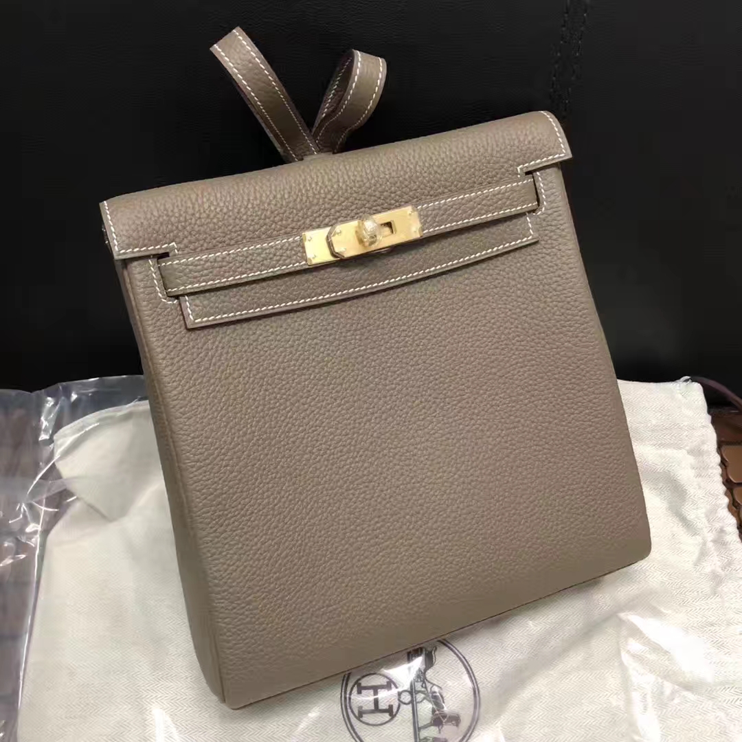 Fashion Hermes CK18 Etoupe Grey TC Calf Leather Kelly Backpack Shoulder Bag22CM