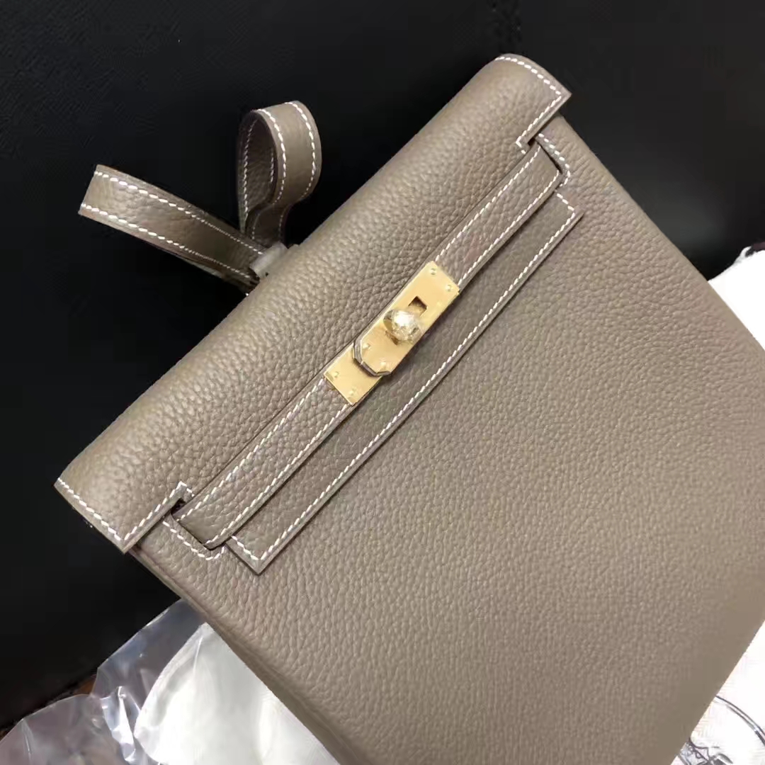 Fashion Hermes CK18 Etoupe Grey TC Calf Leather Kelly Backpack Shoulder Bag22CM
