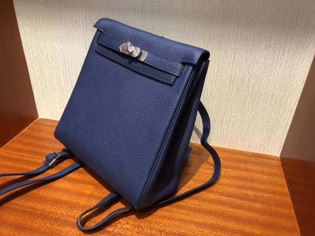New Arrival Hermes Blue Saphir TC Calf Kelly Ado Backpack Shoulder Bag Silver Hardware