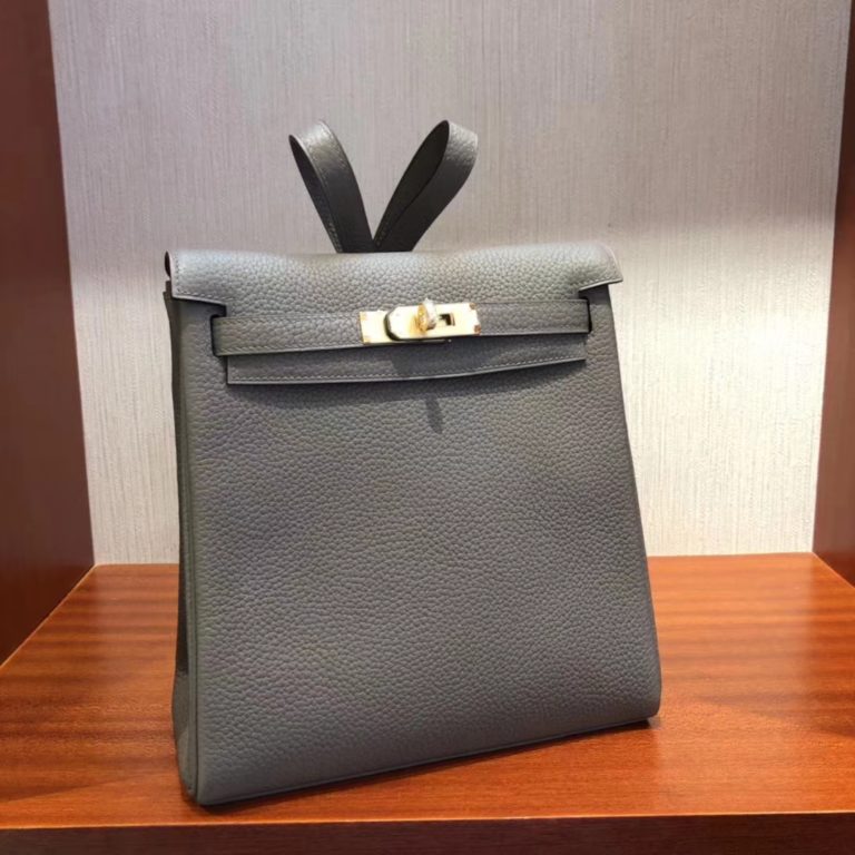 Hermes Clemence Leather Kelly Ado Backpack Shoulder Bag in 8F Gris Etain