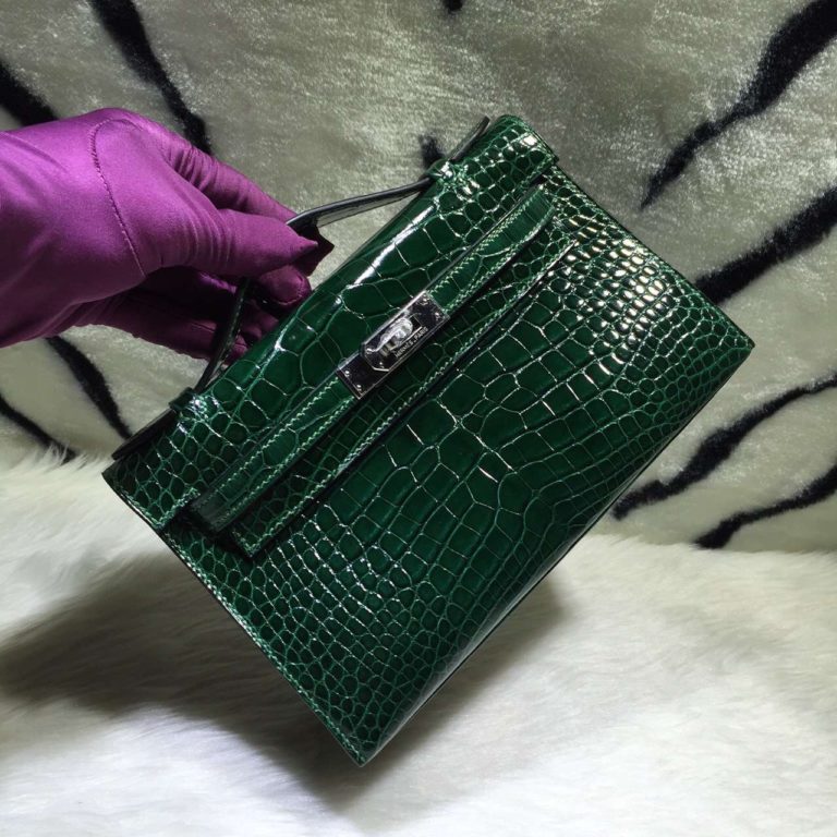 Hand Stitching Hermes Mini Kelly Bag CK67 Emerald Green Crocodile Skin