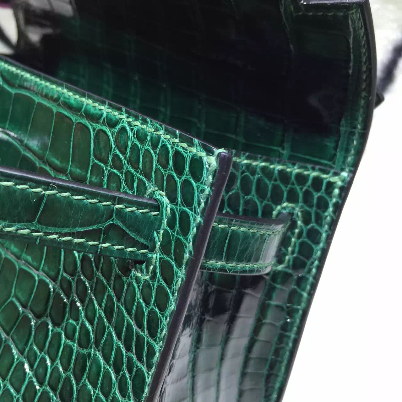 Hand Stitching Hermes Mini Kelly Bag CK67 Emerald Green Crocodile Skin