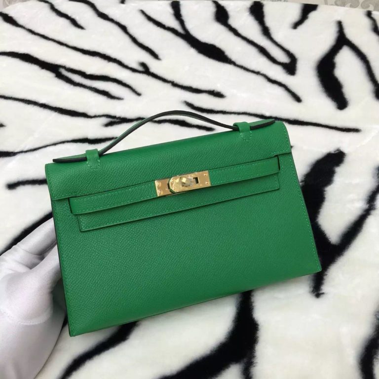 Hermes 1K Bamboo Green Epsom Leather Mini Kelly Bag Womens Clutch Bag