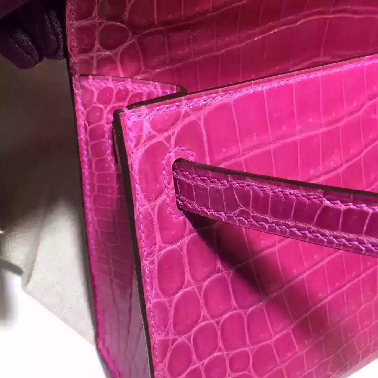 Hand Stitching Hermes J5 Rose Scheherazade Crocodile Leather Mini Kelly Evening Bag