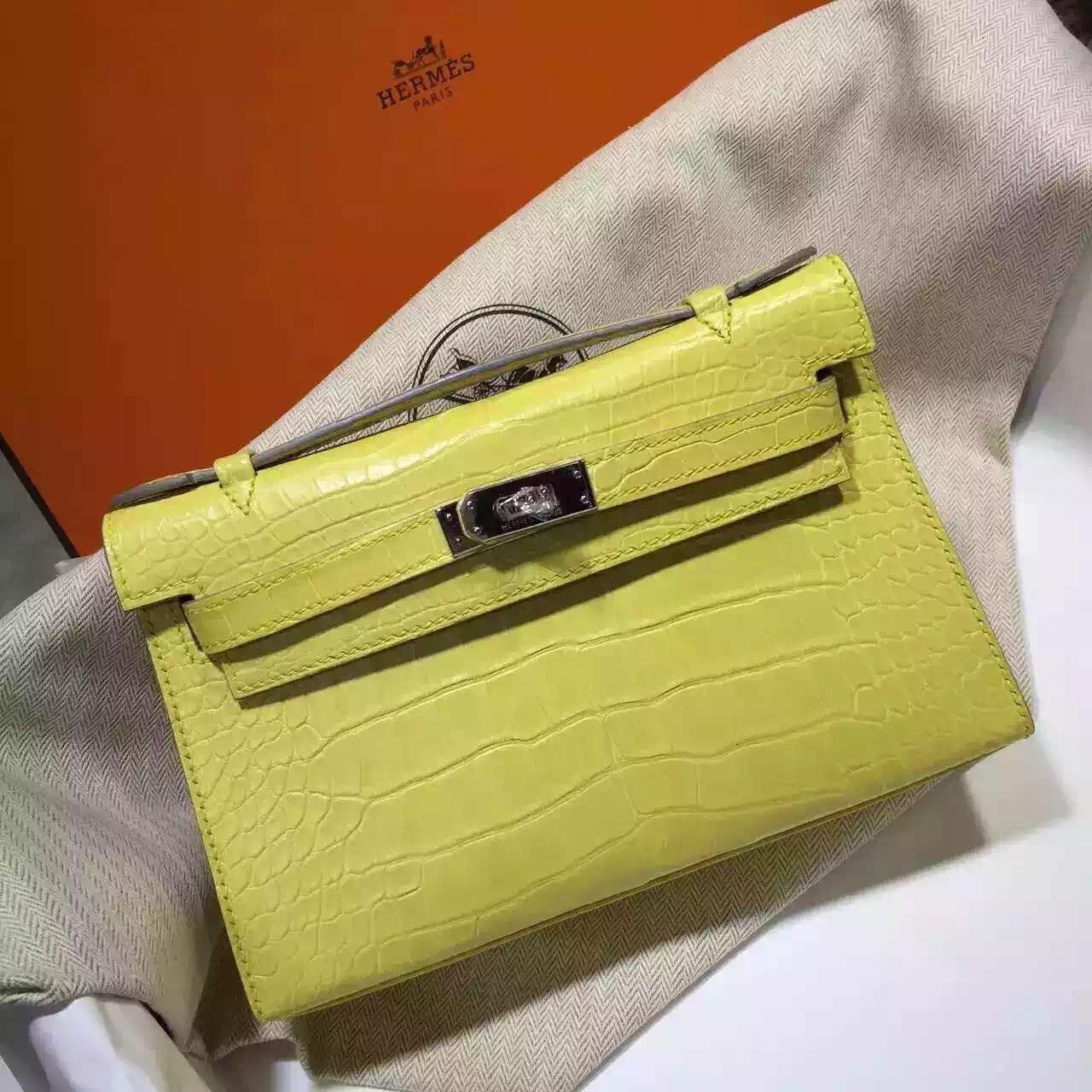 Discount Hermes Crocodile Skin Mini Kelly Bag in 9K Lemon Yellow Women&#8217;s Clutch