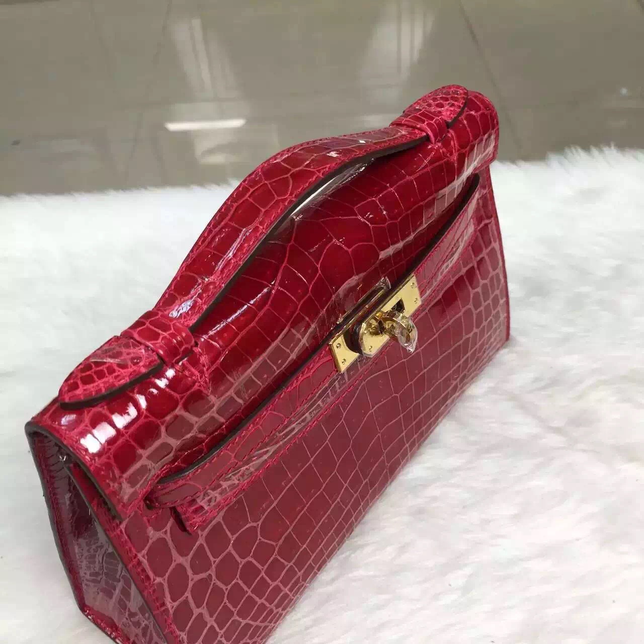 Hand Stitching Hermes Chinese Red Crocodile Skin Mini Kelly Pochette 22CM