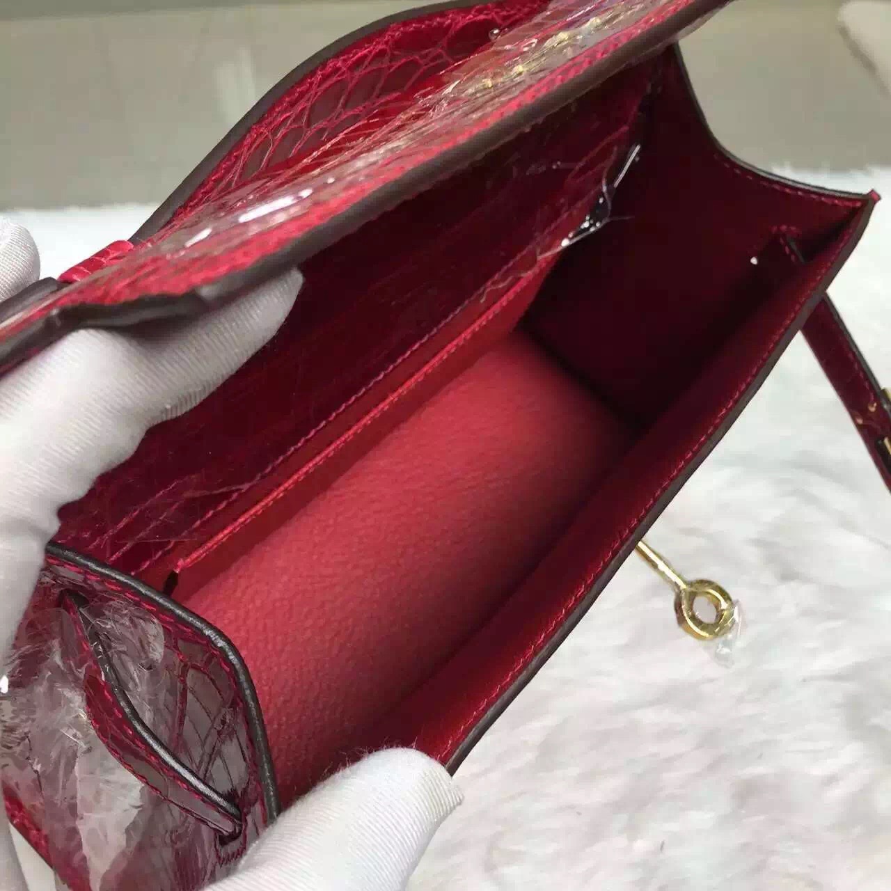 Hand Stitching Hermes Chinese Red Crocodile Skin Mini Kelly Pochette 22CM
