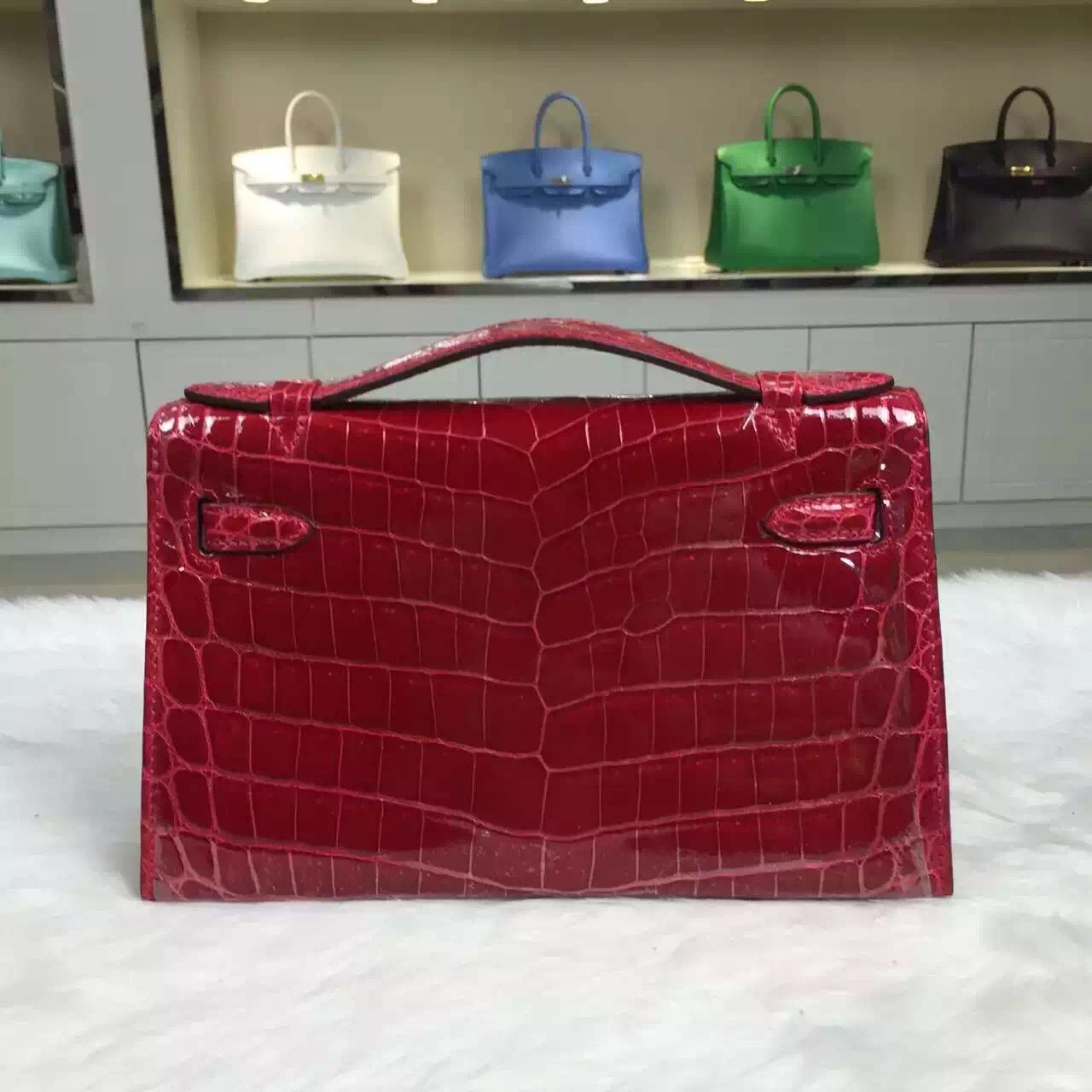 Hand Stitching Hermes Chinese Red Crocodile Skin Mini Kelly Pochette 22CM
