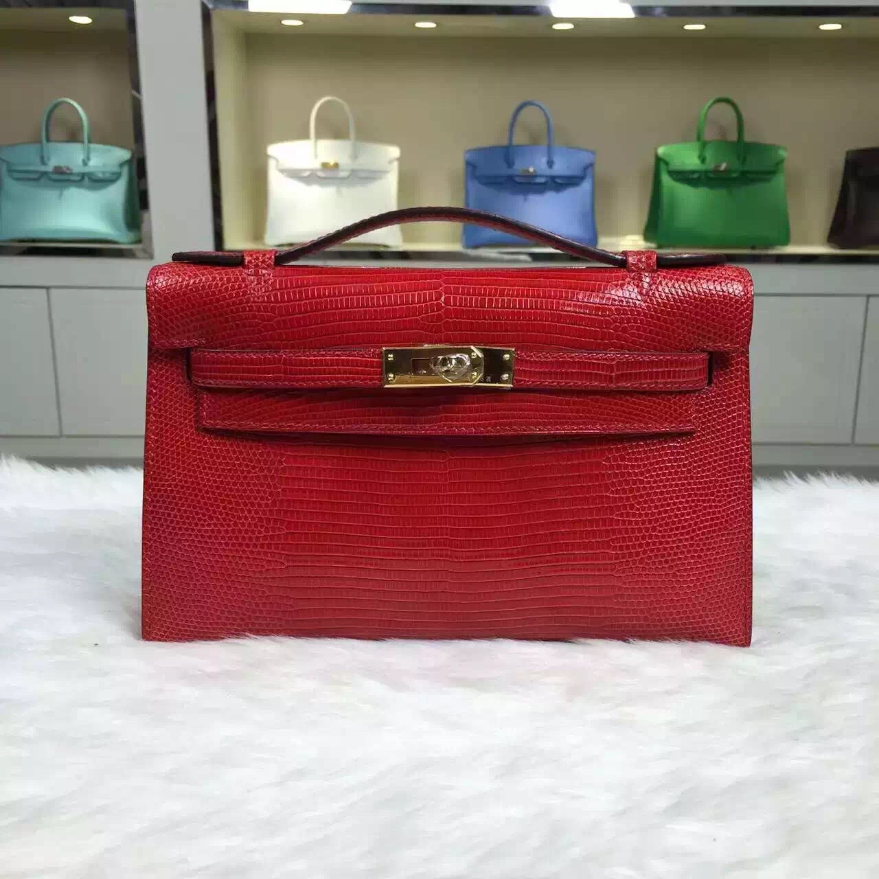 Wholesale Hermes Lizard Skin Leather Mini Kelly Pochette Clutch Bag in Chinese Red 22CM