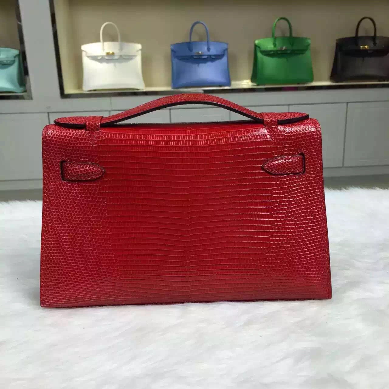 Wholesale Hermes Lizard Skin Leather Mini Kelly Pochette Clutch Bag in Chinese Red 22CM