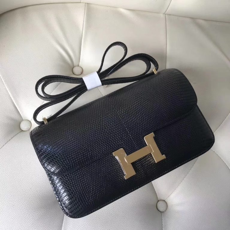 Hermes CK89 Black Lizard Leather Constance 26CM Shoulder Bag Gold Hardware