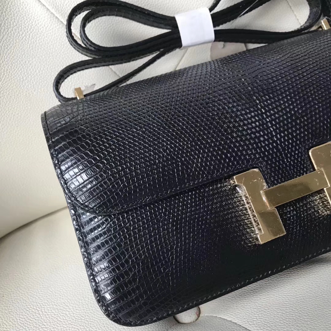 Sale Hermes CK89 Black Lizard Leather Constance26CM Shoulder Bag Gold Hardware