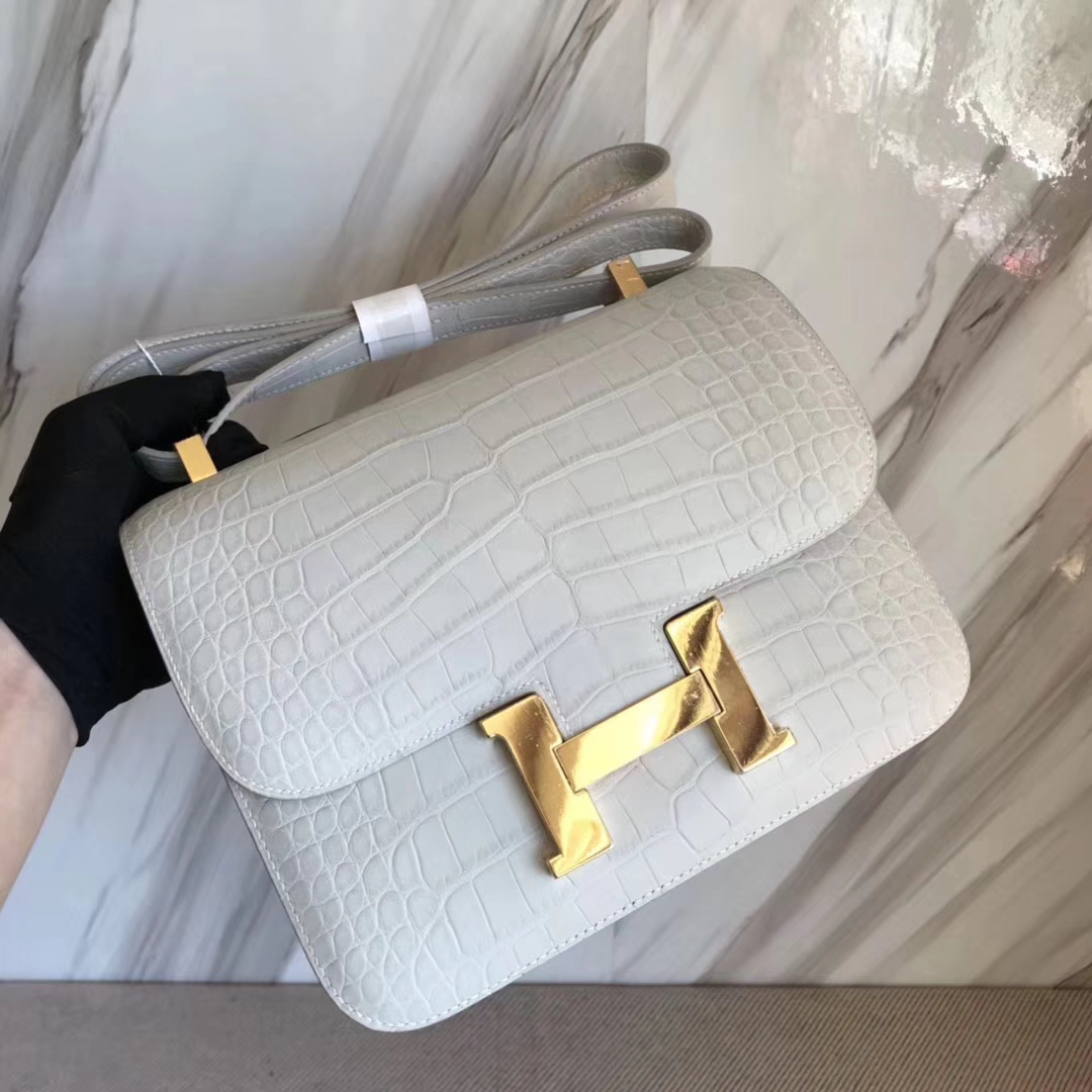 Discount Hermes Alligator Matt Crocodile Constance Bag24CM in 8L Beton White Gold Hardware