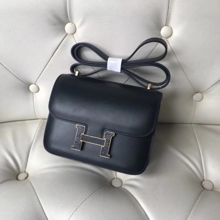 Hermes CK89 Black Box Calf Leather Constance 18CM Bag Gold Lizard Hardware