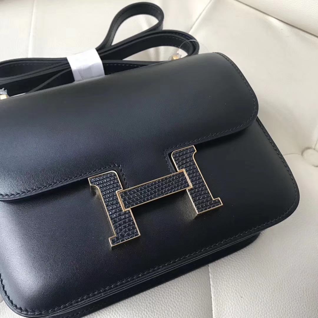 Fashion Hermes CK89 Black Box Calf Leather Constance18CM Bag Gold Lizard Hardware