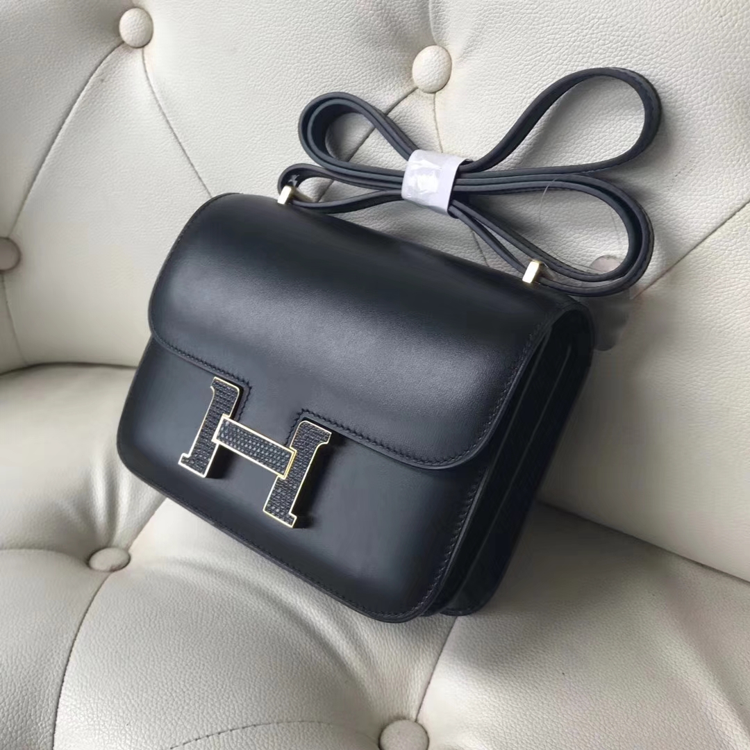 Fashion Hermes CK89 Black Box Calf Leather Constance18CM Bag Gold Lizard Hardware