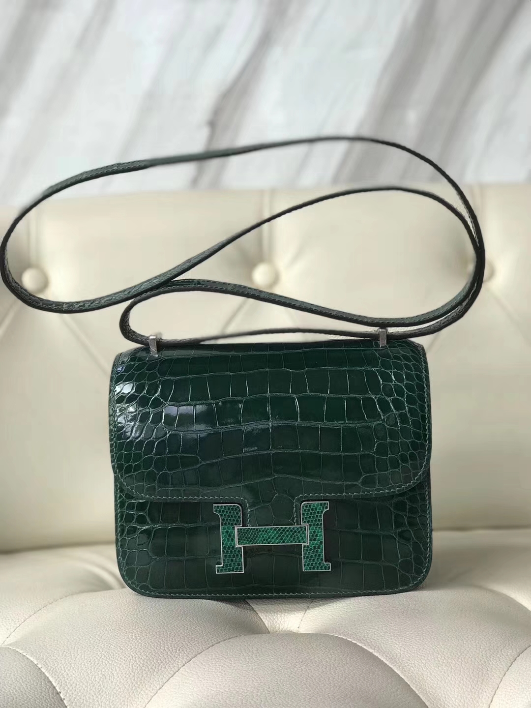 Fashion Hermes CK67 Vert Fonce Shiny Crocodile Constance18CM Bag Silver Lizard Hardware