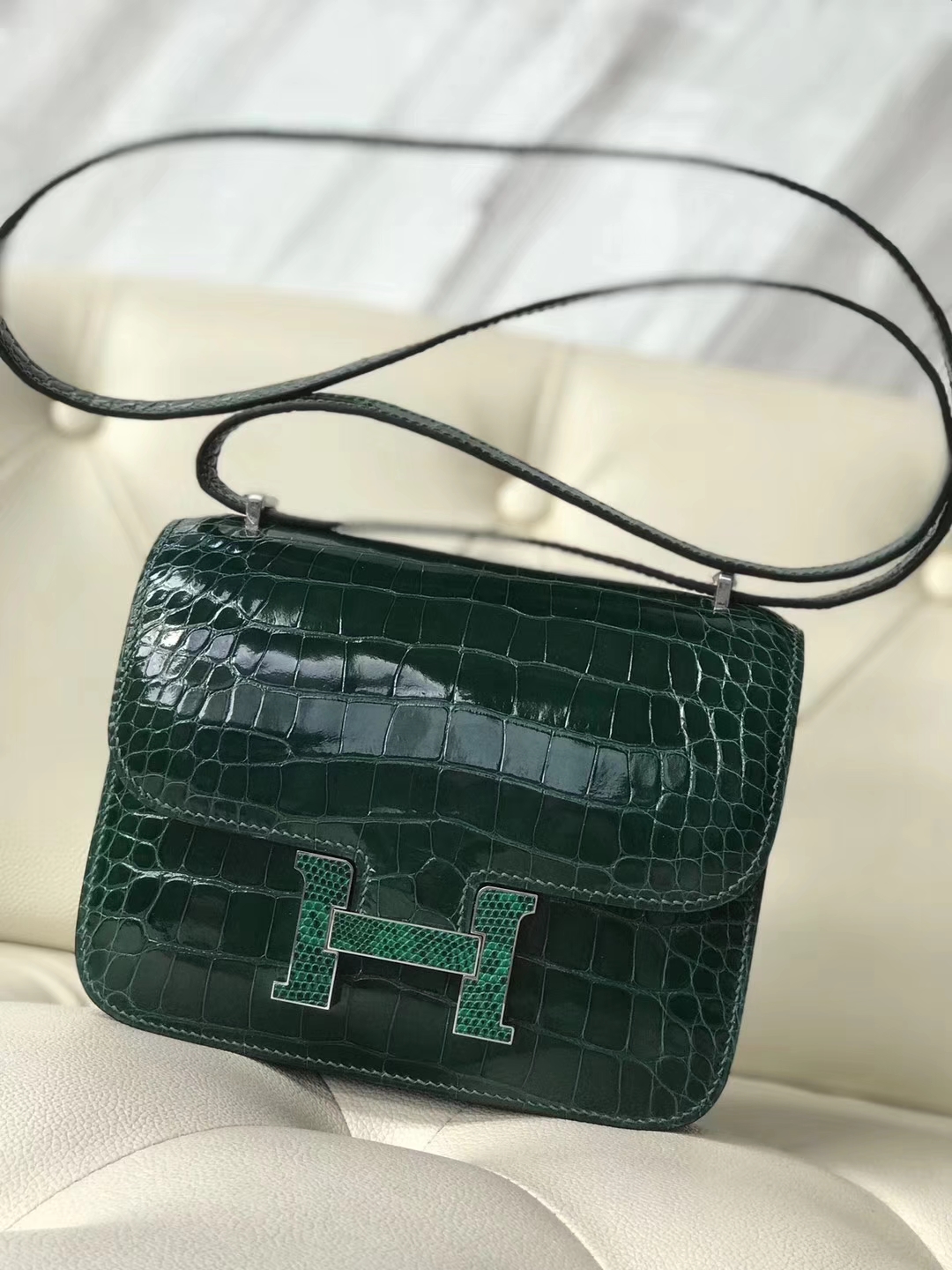 Fashion Hermes CK67 Vert Fonce Shiny Crocodile Constance18CM Bag Silver Lizard Hardware