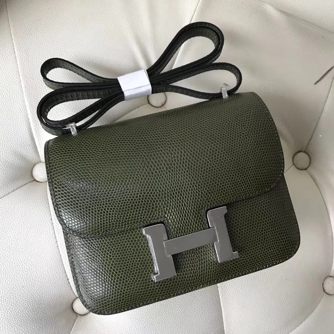 Wholesale Hermes Olive Green Lizard Leather Constance19CM Bag Silver Hardware