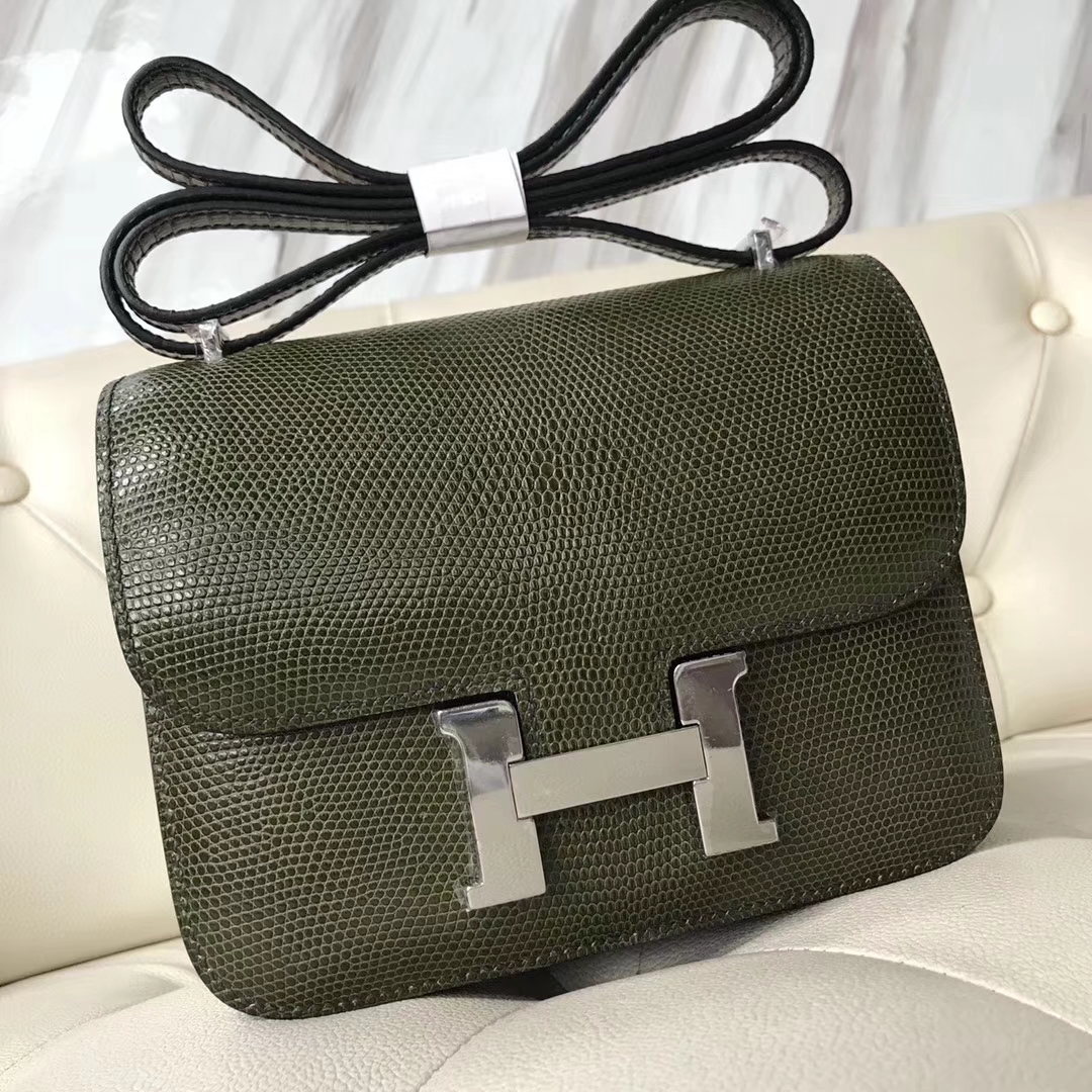 Wholesale Hermes Olive Green Lizard Leather Constance19CM Bag Silver Hardware