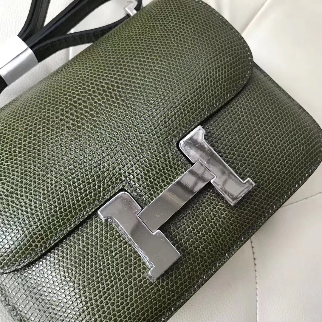 Wholesale Hermes Olive Green Lizard Leather Constance19CM Bag Silver Hardware