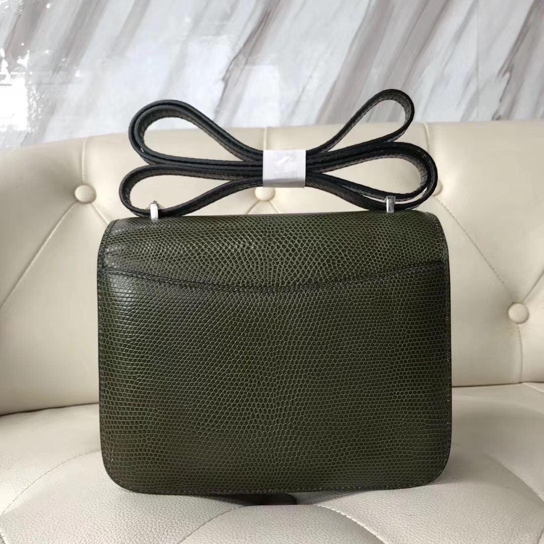 Wholesale Hermes Olive Green Lizard Leather Constance19CM Bag Silver Hardware