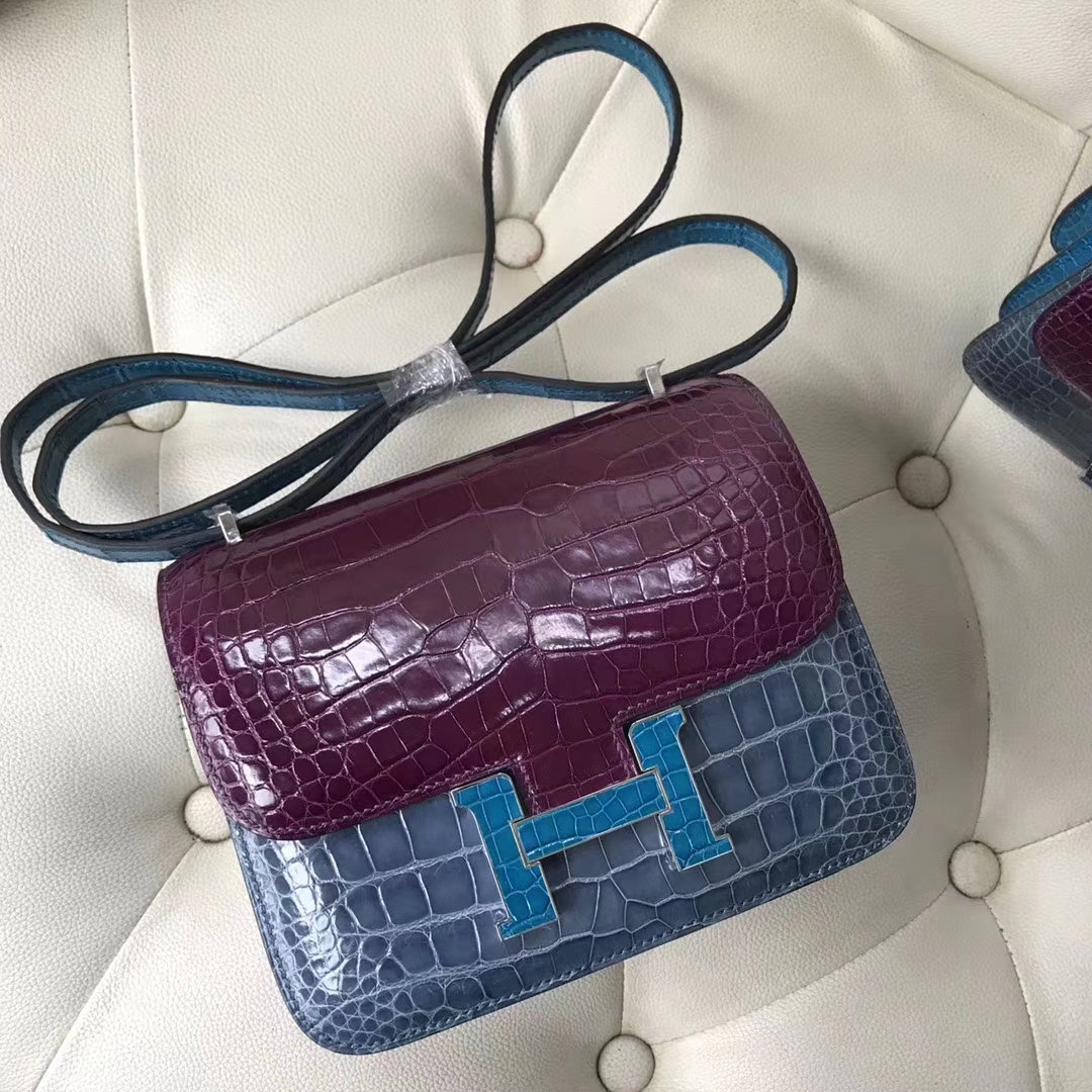 New Hermes Shiny Crocodile Constance18CM Bag in Galen Purple/Blue Jean/Blue Izmir