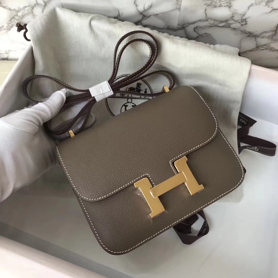 Fashion Hermes CK18 Etoupe Grey Epsom Calf Constance Shoulder Bag19CM
