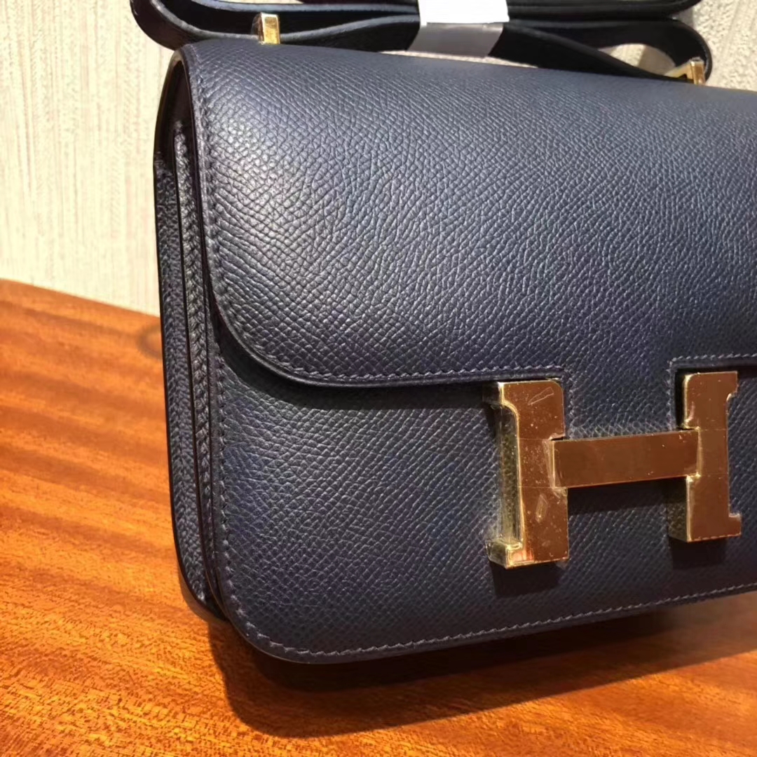Sale Hermes Epsom Calf Constance19CM Shoulder Bag in CK78 Blue Indgo Gold Hardware