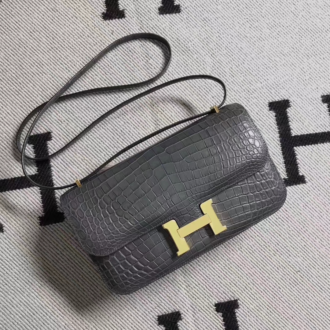 Wholesale Hermes Iron Grey Matt Crocodile Leather Constance26CM Bag Gold Hardware