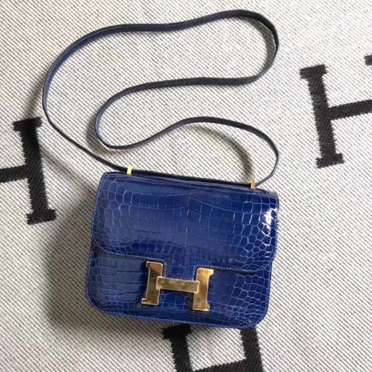 Hermes Shiny Crocodile Leather Constance Bag 19CM in Blue Electric Gold Hardware