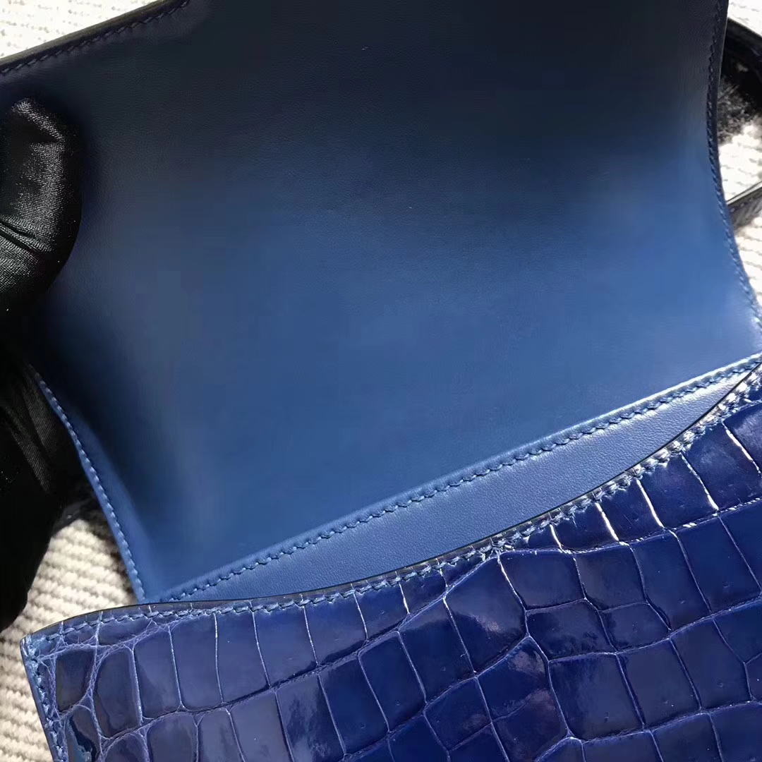 Wholesale Hermes Shiny Crocodile Leather Constance Bag19CM in Blue Electric Gold Hardware