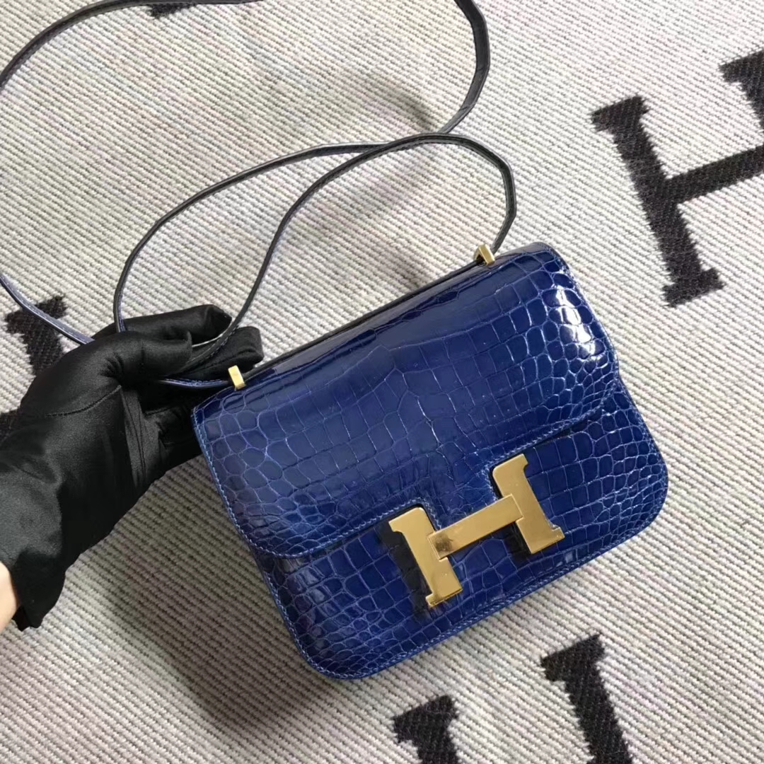 Wholesale Hermes Shiny Crocodile Leather Constance Bag19CM in Blue Electric Gold Hardware